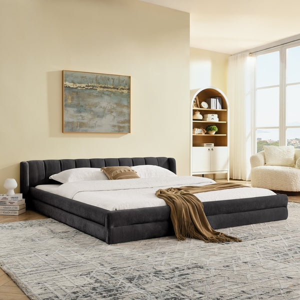 English Elm King Platform Bed Full Chenille Upholstery Low Profile Frame for Modern Bedroom Dark Gray W487S00434