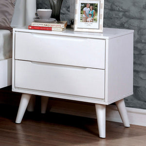 English Elm Mid-Century White Nightstand with Solid Wood Veneer, 2-Drawer Bedside Table, Tapered Round Legs, Recessed Handles B011P218338