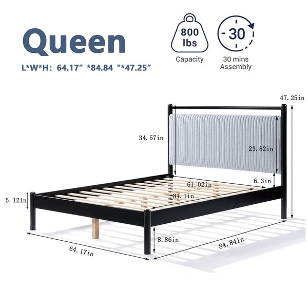 English Elm Christopher Knight Home® - Queen Wood Platform Bed with Fluffy Grey Headboard, Sturdy Black Frame, 800 lb Slats, Storage-Friendly N758D797475B