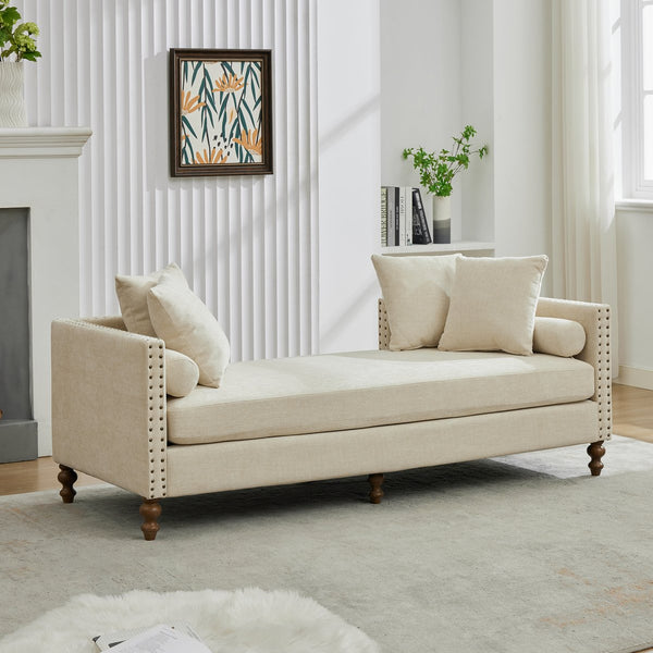 English Elm 75.2'' Chenille Upholstered Daybed Chaise with Nailhead Trim and Rubberwood Legs Beige W3188S00056