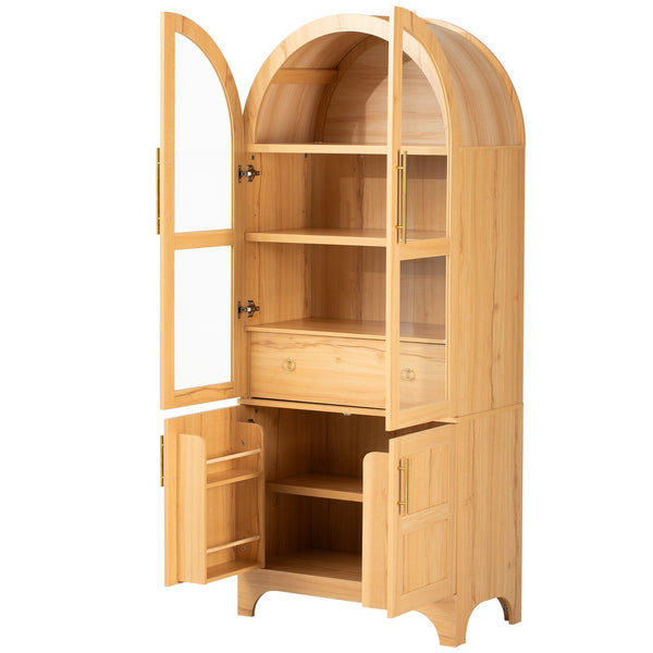 English Elm K&K Arched 71" Kitchen Pantry Cabinet with Glass Doors, Brass Handles, Adjustable Shelves & Drawer Natural N707P288969Y