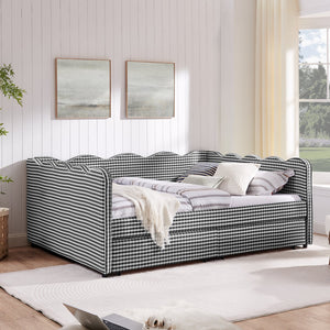 English Elm Queen Gingham Linen Daybed with Wave Backrest Two Storage Drawers and Usb Port Black W1413S00153