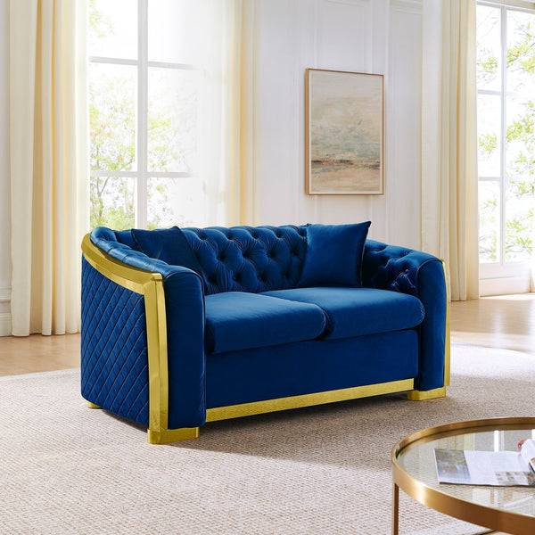 English Elm Luxury Velvet Tufted Chesterfield Loveseat with Gold Steel Trim for Living Room Navy Blue W1191S00117