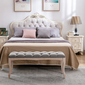English Elm Bedroom Bench Tufted Linen Seat with Carved Distressed Wood Legs French Country Style Grey W3244P493669