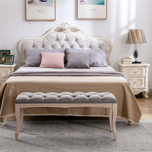 English Elm Bedroom Bench Tufted Linen Seat with Carved Distressed Wood Legs French Country Style Grey W3244P493669