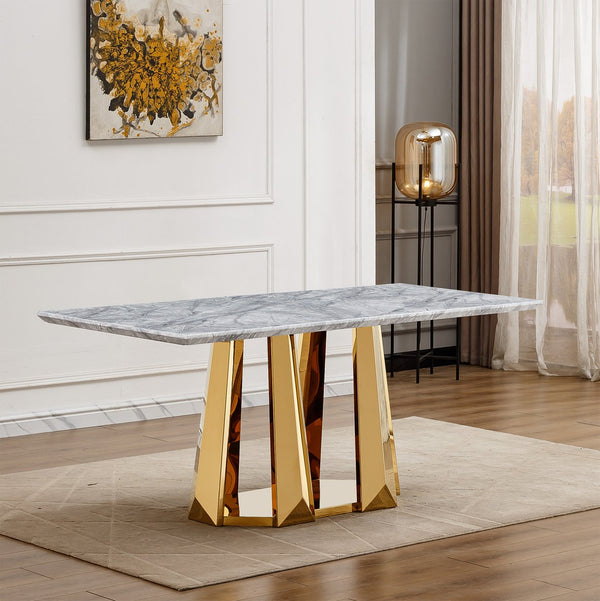 English Elm Marble Dining Table For 6-8, 70'' Rectangle Faux Marble Top With Gold Stainless Steel Base, Modern Elegance W3456S00012
