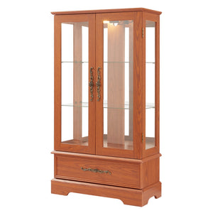 English Elm Lighted Glass Curio Cabinet - Elegant Dark Oak Display With Adjustable Shelves, Built-In Drawer & Bulb W1758P300114
