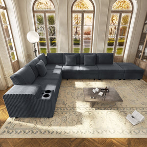 English Elm 110.2" Corduroy Sectional Sleeper Sofa with Ottoman Usb Ports Storage Armrests Living Room Dark Gray W3219S00012