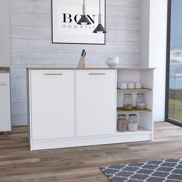 English Elm Kitchen Island With Two Cabinets & Three Open Shelves - Modern White & Natural Oak Storage Solution B097S00143