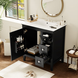 English Elm 30 Inch Bathroom Vanity with Ceramic Sink and 3 Smooth-Glide Drawers, Modern Moisture-Resistant Storage Black N710P252105B