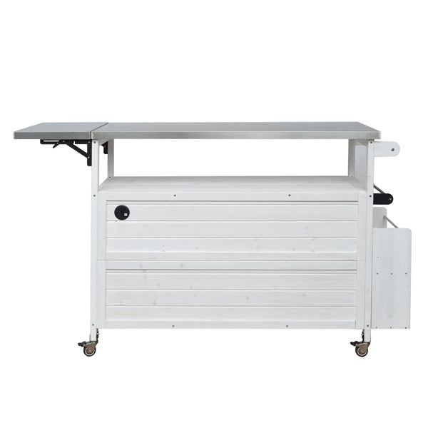 English Elm Foldable Outdoor Kitchen Cart with Stainless Worktop Fir Wood Frame and Lockable Wheels White N719P380279K