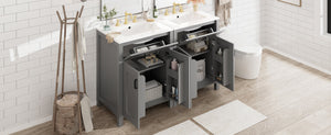 English Elm Modern 48 Inch Freestanding Bathroom Vanity Dual Ceramic Sinks Soft Close Gold Handles Grey N729P000008E