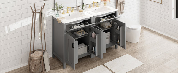 English Elm Modern 48 Inch Freestanding Bathroom Vanity Dual Ceramic Sinks Soft Close Gold Handles Grey N729P000008E