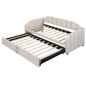 English Elm Twin Linen Upholstered Daybed with Pop up Trundle and Built in Usb Charging Beige SF000199AAA