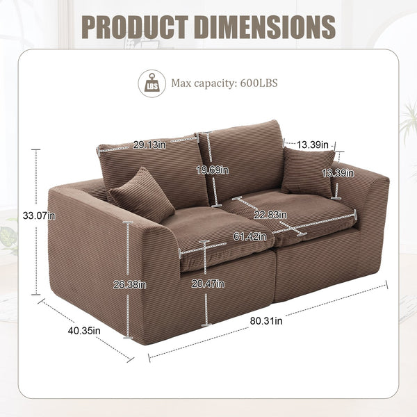 English Elm UNITED Cloud Couch Modular Sectional Sofa with Corduroy Cover, Ergonomic 2-Seater, No Assembly Needed Brown W1568P371124