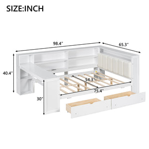 English Elm Wood Full Platform Bed with Led Headboard Built-in Desk Charging Station and Storage Shelves Beige+White N7090001047K-1