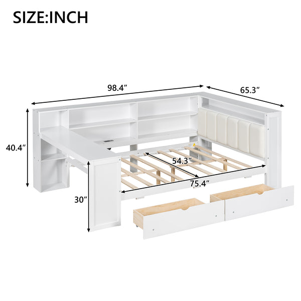English Elm Wood Full Platform Bed with Led Headboard Built-in Desk Charging Station and Storage Shelves Beige+White N7090001047K-1