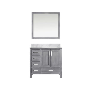 English Elm Distressed Grey Bath Vanity 36 in W x 22 in D with Right Offset Carrara Marble Top, Mirror, Soft-Close Storage and Scratch-Resistant Countertop B2731S00688