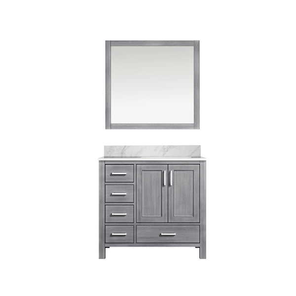 English Elm Distressed Grey Bath Vanity 36 in W x 22 in D with Right Offset Carrara Marble Top, Mirror, Soft-Close Storage and Scratch-Resistant Countertop B2731S00688