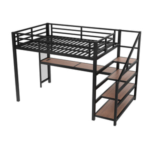 English Elm Full Loft Bed With Integrated Desk, Storage Stairs, Led Lights & Usb Ports For Modern Spaces W1580S00478