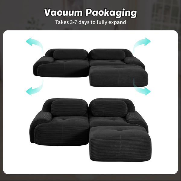 English Elm 82'' Modular L-shaped Sectional Sofa Corduroy Upholstery Curved Arms for Living Rooms Black W714S01273