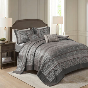 English Elm 5-piece Queen Jacquard Bedspread Set with Leaf Ironwork Motifs Shams and Throw Pillows B035P408228