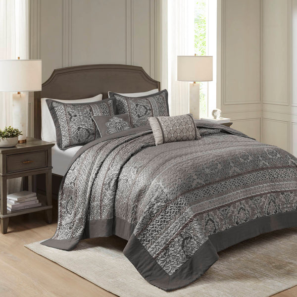 English Elm 5-piece Queen Jacquard Bedspread Set with Leaf Ironwork Motifs Shams and Throw Pillows B035P408228