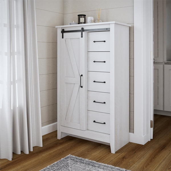 English Elm Alton Farmhouse Chest with Sliding Barn Door Five Drawers and Matte Black Hardware Oak B2733S00019
