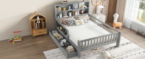 English Elm Full Solid Wood Platform Bed with Chalkboard Headboard, Storage Drawers & Shelves, Kid-Friendly White Gray W1580P362710