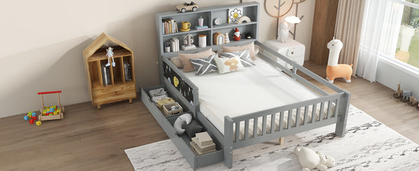 English Elm Full Solid Wood Platform Bed with Chalkboard Headboard, Storage Drawers & Shelves, Kid-Friendly White Gray W1580P362710