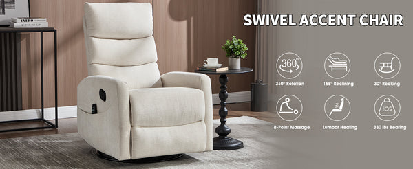 English Elm Heat Massage Swivel Rocker Recliner with Lumbar Nodes and Fabric Upholstery W3224P357559