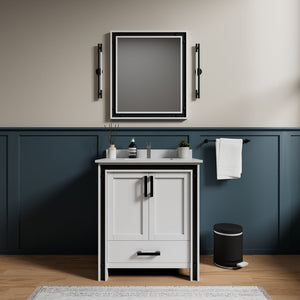English Elm White Bath Vanity 30" W x 22" D with Cultured Marble Top, Chrome Faucet & 28" Mirror, Scratch‑Resistant B2731S01354