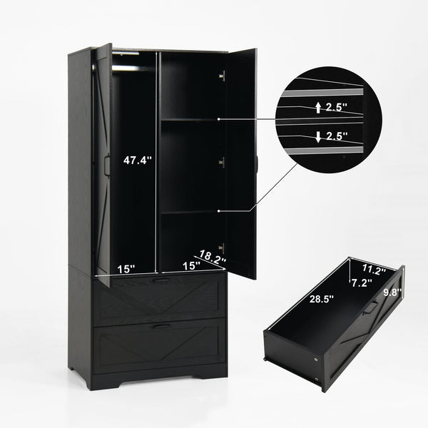 English Elm 2 Door Wardrobe Closet with Full Length Mirror Motion Light Hanging Rod and Drawers Black W409P266778