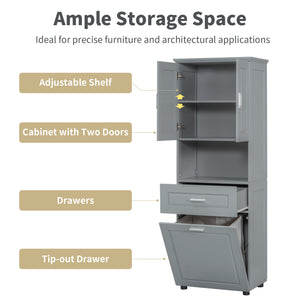 English Elm Tall Bathroom Cabinet with Tilt-Out Laundry Hamper, Adjustable Shelves, Anti-Tip Design & Large Storage Grey WF323481AAE