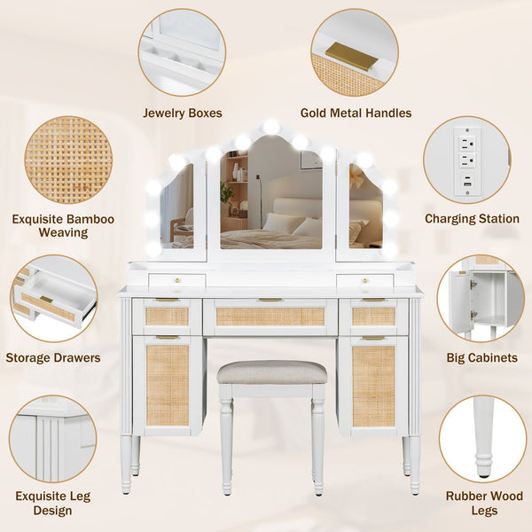 English Elm 44.37 Inch Hollywood Led Vanity Desk Tri-fold Mirror Bamboo Drawers Bedroom White N704P342558K