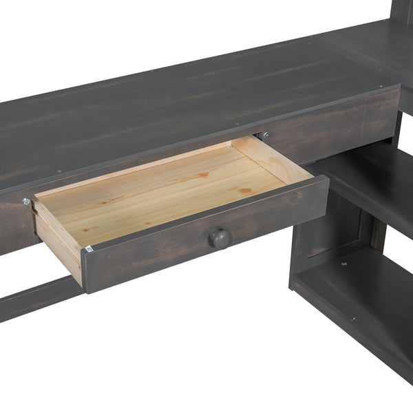 English Elm Twin Loft Bed with U-Shaped Desk, Drawers & Shelves — Antique Brown Twin Work-Study Space, 350lb Capacity GX001038AAD