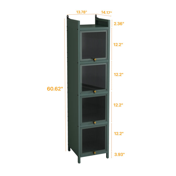 English Elm Modern Four-tier Glass Door Cabinet with Slim Iron Frame, Five Shelves, Heavy-Duty 33lb Capacity Dark Green W757P241563