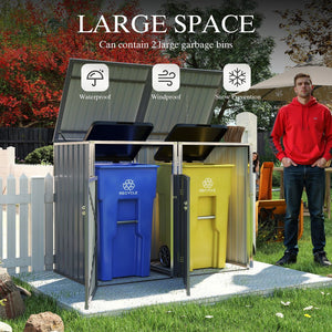 English Elm Garbage Bin Shed Galvanized Steel Enclosure for Two Cans Outdoor Weather Resistant Light Gray W1598P357715