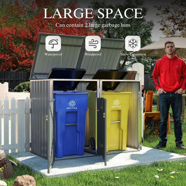 English Elm Garbage Bin Shed Galvanized Steel Enclosure for Two Cans Outdoor Weather Resistant Light Gray W1598P357715