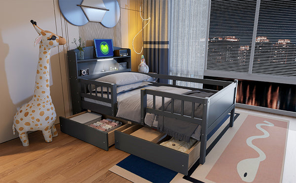 English Elm Wood Twin Size Platform Bed with Built-in LED Light, Multifunctional Headboard, Guardrail & Storage Drawers Gray N709P243969E