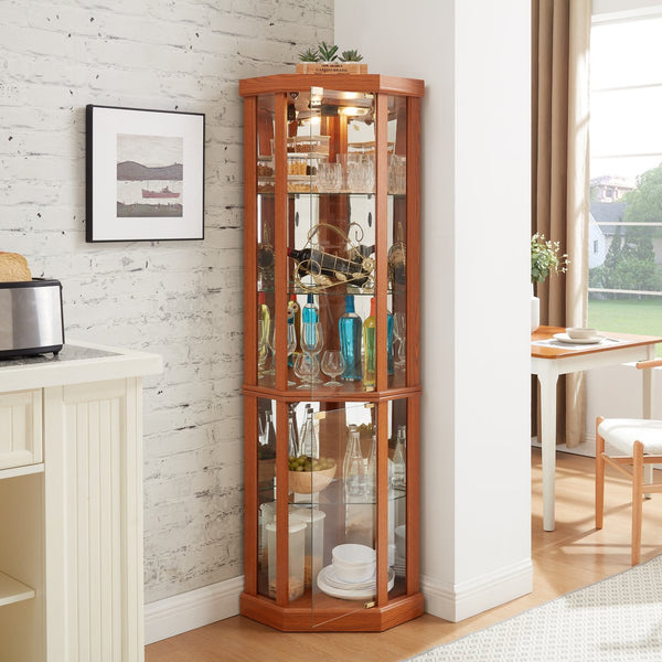 English Elm Lighted Corner Curio Cabinet - Stylish Dark Oak Display Case With Adjustable Shelves & Built-In Lighting W1758P300103