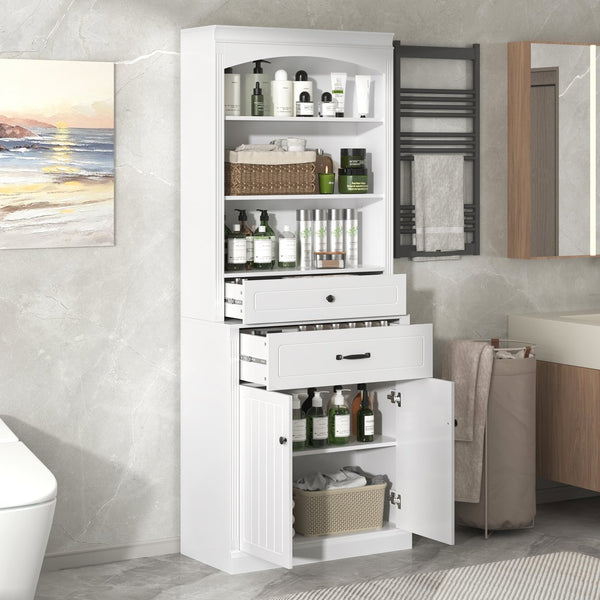 English Elm White Bathroom Storage Cabinet with Zinc Alloy Knobs, Adjustable Shelves, Smooth Drawers & Open Shelves for Organized, Durable MDF Storage (78.7" H) N725P252486K