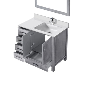 English Elm Distressed Grey Bath Vanity Set With Right Offset White Quartz Top, Chrome Faucet & 34" Mirror B2731S01267