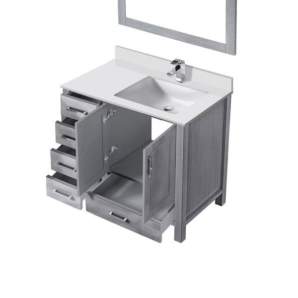 English Elm Distressed Grey Bath Vanity Set With Right Offset White Quartz Top, Chrome Faucet & 34" Mirror B2731S01267