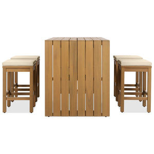 English Elm 5 Piece Outdoor Bar Set Acacia Wood Table & 4 Cushioned Stools, Removable Beige Cushions, Durable N704G201252A