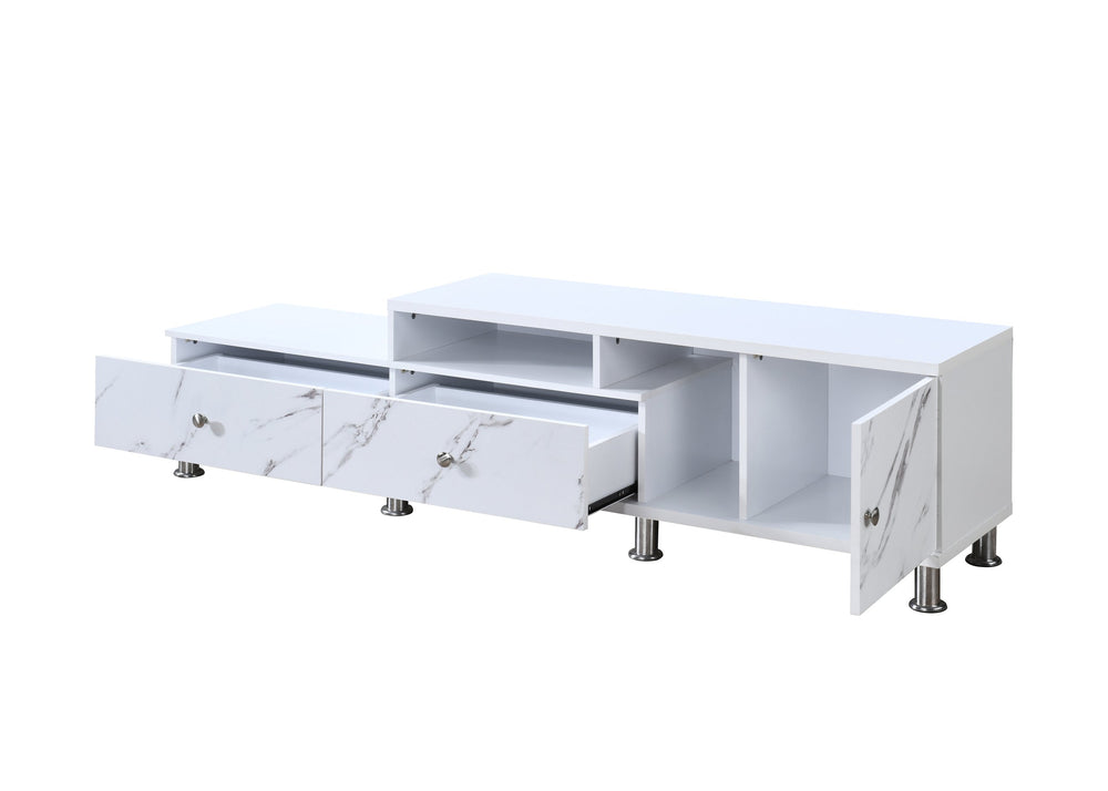 English Elm 1pc Timeless Entertainment Console with Faux Marble Top, Antique Two-Tone Finish, Sliding Doors and Drawers White 18.11 L x 73.43 W x 19.09 H B2741P295128