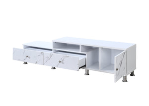 English Elm 1pc Timeless Entertainment Console with Faux Marble Top, Antique Two-Tone Finish, Sliding Doors and Drawers White 18.11 L x 73.43 W x 19.09 H B2741P295128