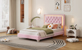 English Elm Twin Size Upholstered Bed Frame With Led Lights,Modern Velvet Platform Bed With Tufted Headboard,Pink