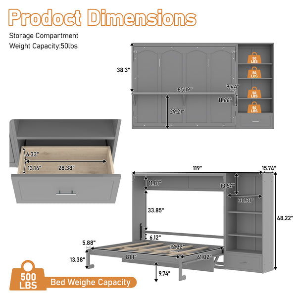 English Elm Queen Murphy Bed with Built-In Shelves, Height-Adjustable Storage & Drawer for Small Spaces Gray 71.6 L x 21.5 W x 6.1 H N733S309223E