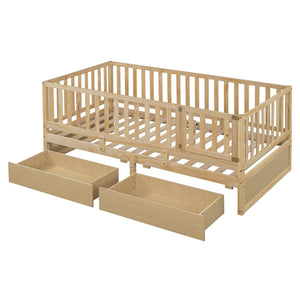 English Elm Twin Pinewood Daybed with Fence Guardrails Splits Into Two Floor Beds Storage Natural LP100881AAN